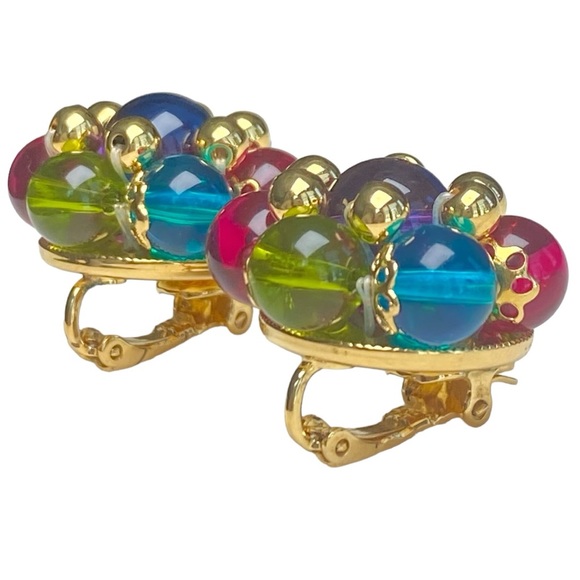 Signed Trifari Jewel-Toned Glass Bead Clip Earrings - Picture 3 of 12
